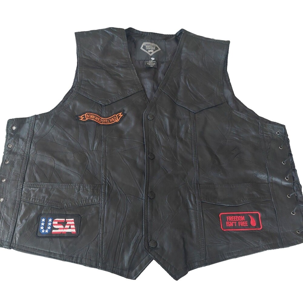 Men's DIAMOND PLATE Buffalo Leather Biker Vest Size 3XL Patches USA, Ride Free,